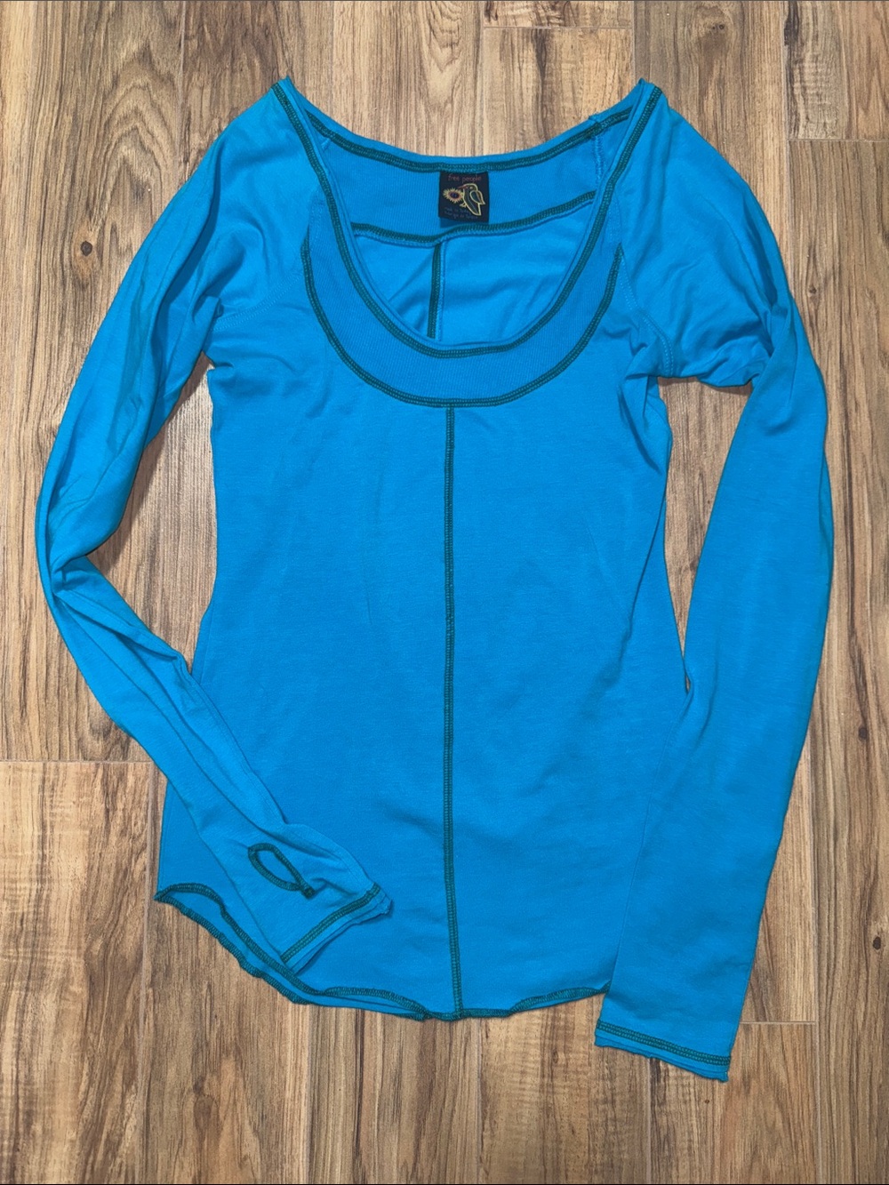 Free People Scoop Neck Long Sleeve Top - Turquoise Blue